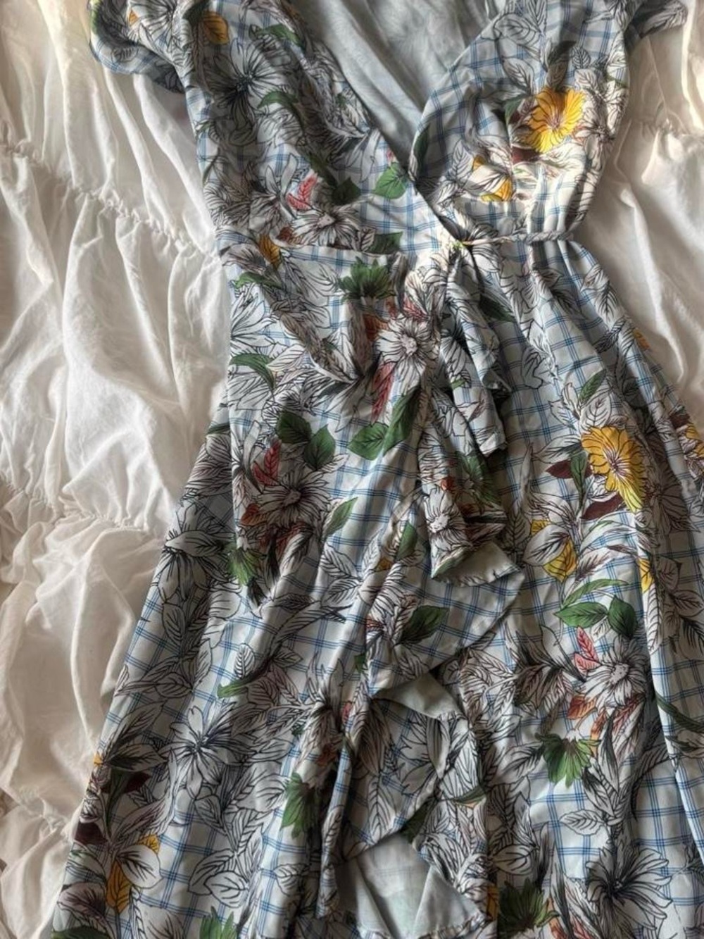 Women's Blue Plaid Floral Wrap Dress